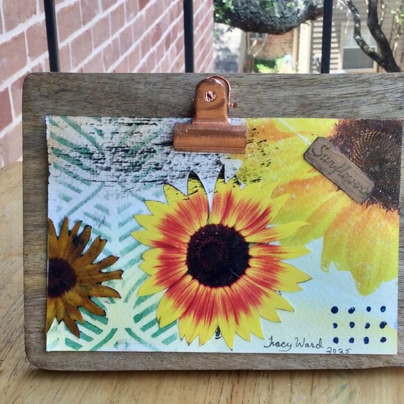 Handmade Sunflower Mixed Media Art & Wood Frame | Original 4x6 Artwork Signed - Picture 3 of 5